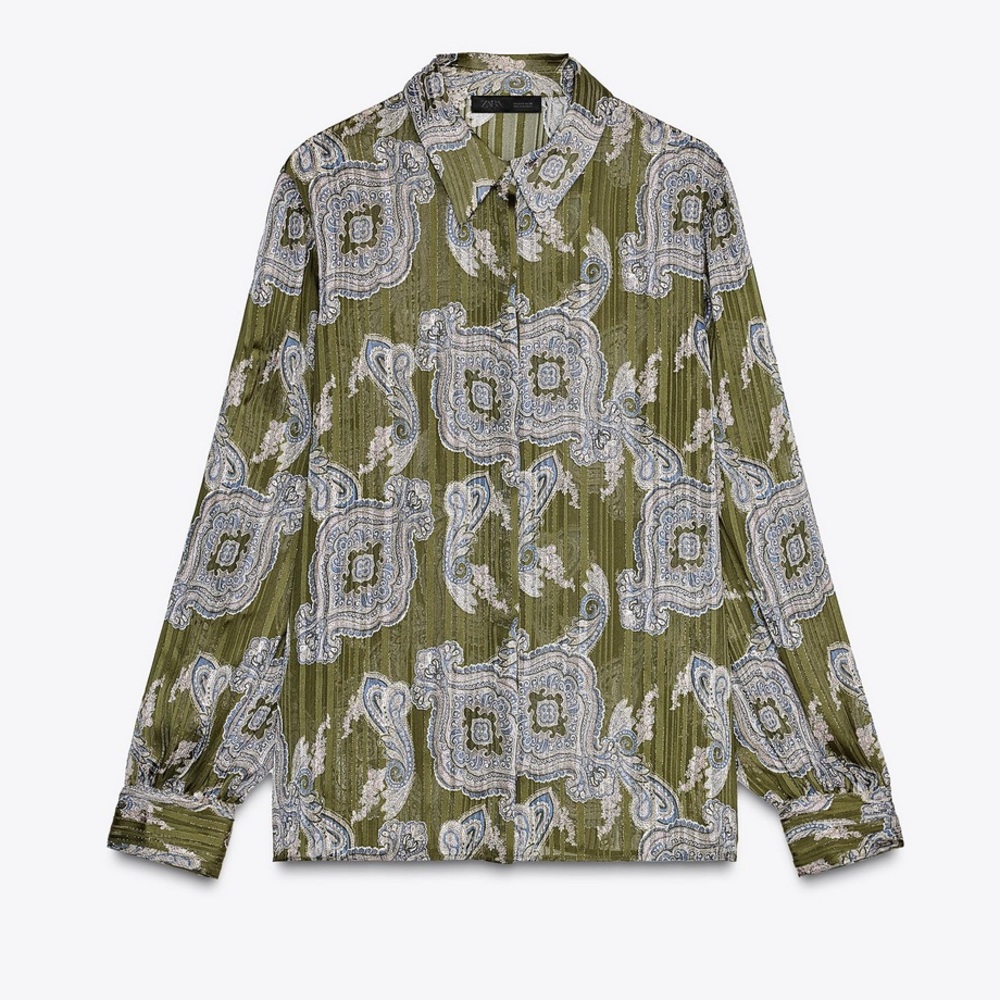 Zara Printed Multicolor Metallic Thread Paisley Print Blouse Shirt Size L NWT - Picture 3 of 14